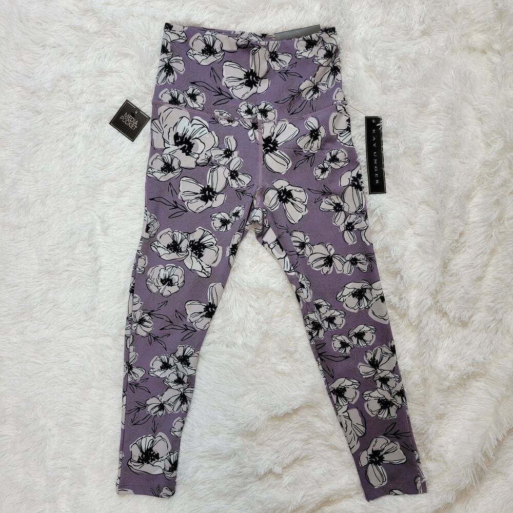 Kay Unger Floral Leggings Lavender White Black‎ High Rise Activewear Women's M